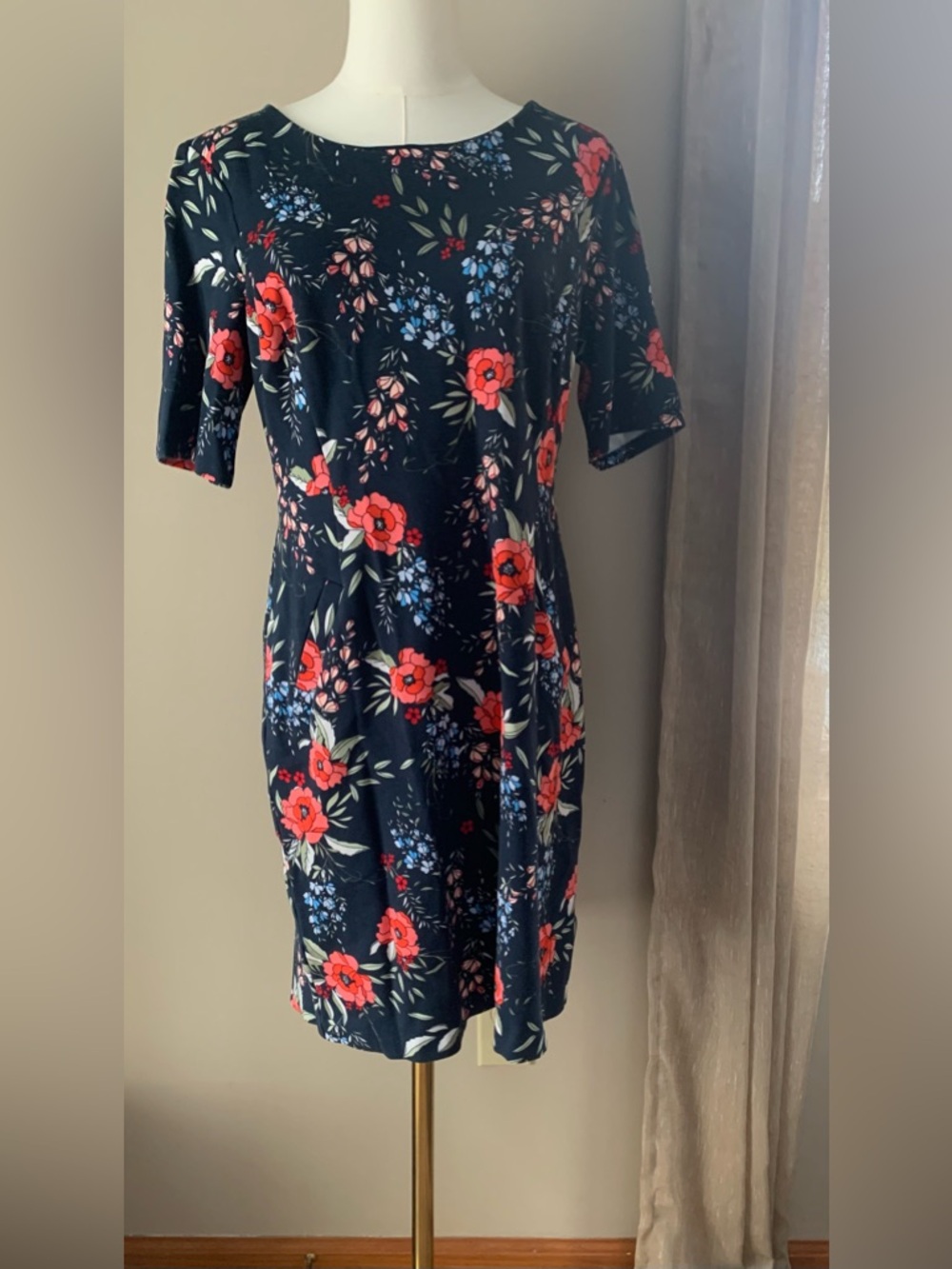 Lands' End Navy Floral Midi Dress with Red Blooms